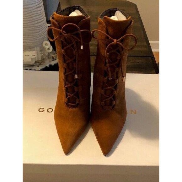 NIB $275 GOOD AMERICAN SCANDAL TOBACCO BROWN SUEDE STILETTO BOOTS SIZE 8 - Picture 4 of 10